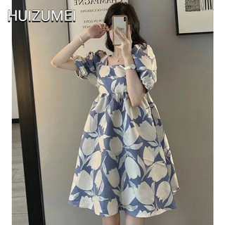 HUIZUMEI Đầm Tay Phồng Dài Vừa In Họa Tiết Thời Trang Pháp Chất Lượng Cao Cho Nữ