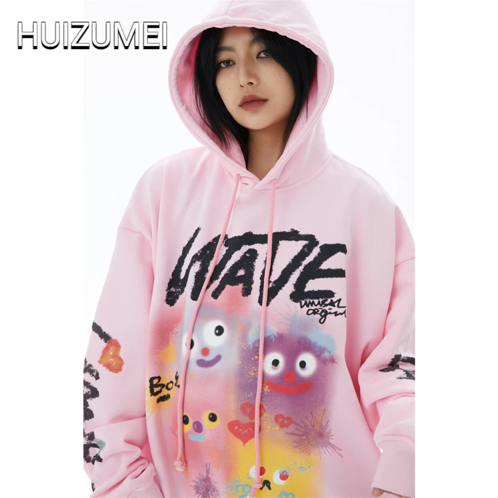 HUIZUMEI Áo Hoodie sweatshirt Dáng Rộng In Họa Tiết graffiti Hoạt Hình Dễ Thương Kiểu Mỹ Cổ Điển Cho Nữ