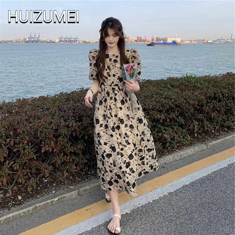HUIZUMEI Váy Dài Đến Giữa Eo Cao Tay Phồng Họa Tiết Hoa Thời Trang Pháp Dành Cho Bạn Nữ