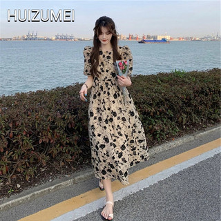 HUIZUMEI Váy Dài Đến Giữa Eo Cao Tay Phồng Họa Tiết Hoa Thời Trang Pháp Dành Cho Bạn Nữ