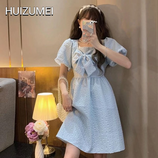 HUIZUMEI Đầm Tầng Cổ Vuông Đính Nơ Màu Trắng Phong Cách Pháp Cao Cấp
