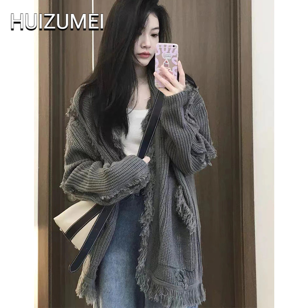 Áo khoác cardigan HUIZUMEI dệt kim dáng rộng mềm mại phong cách Hàn Quốc thời trang cho nữ