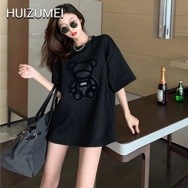 HUIZUMEI Áo Thun Dáng Rộng Thêu Hình Gấu Đơn Giản Thời Trang Cho Nữ
