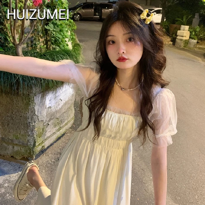 HUIZUMEI Đầm Dáng Dài Cổ Vuông Phối Lưới Màu Mơ Nhẹ Nhàng Phong Cách Hàn Quốc Ngọt Ngào Đơn Giản niche