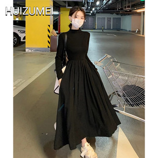 HUIZUMEI Mới Đầm Đen Tay Dài Cổ Cao Ôm Dáng Phong Cách Pháp Cho Nữ