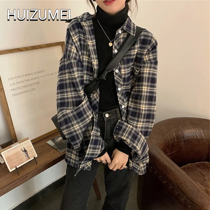 HUIZUMEI Áo Khoác Sơ Mi Kẻ Sọc Ca Rô Kiểu Hồng Kông retro Cá Tính Cho Nữ