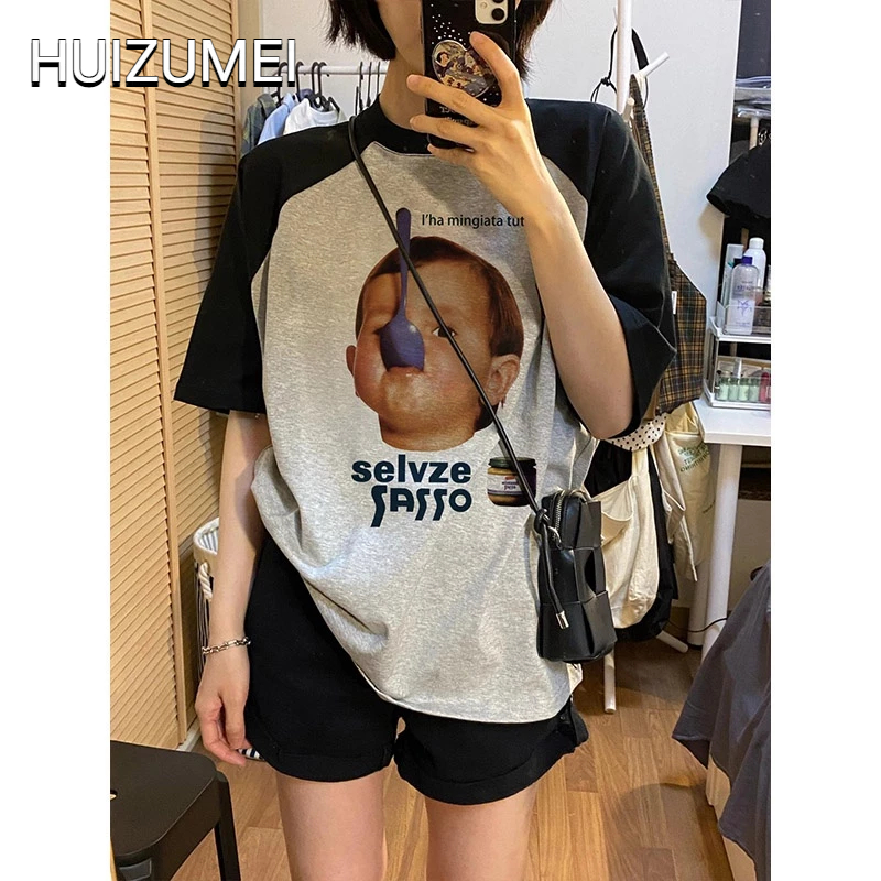 HUIZUMEI Áo Thun Ngắn Tay Dáng Rộng Hở Vai In Họa Tiết Khối Màu Sắc Thời Trang Cho Nữ