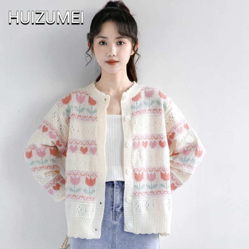 HUIZUMEI Áo Khoác cardigan Dệt Kim Dáng Rộng Họa Tiết Hoa tulip Rỗng Kiểu retro