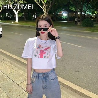 HUIZUMEI Áo Thun Tay Ngắn Màu Trắng In Hình Gấu Ngọt Ngào Phong Cách Phổ Biến Cho Nữ