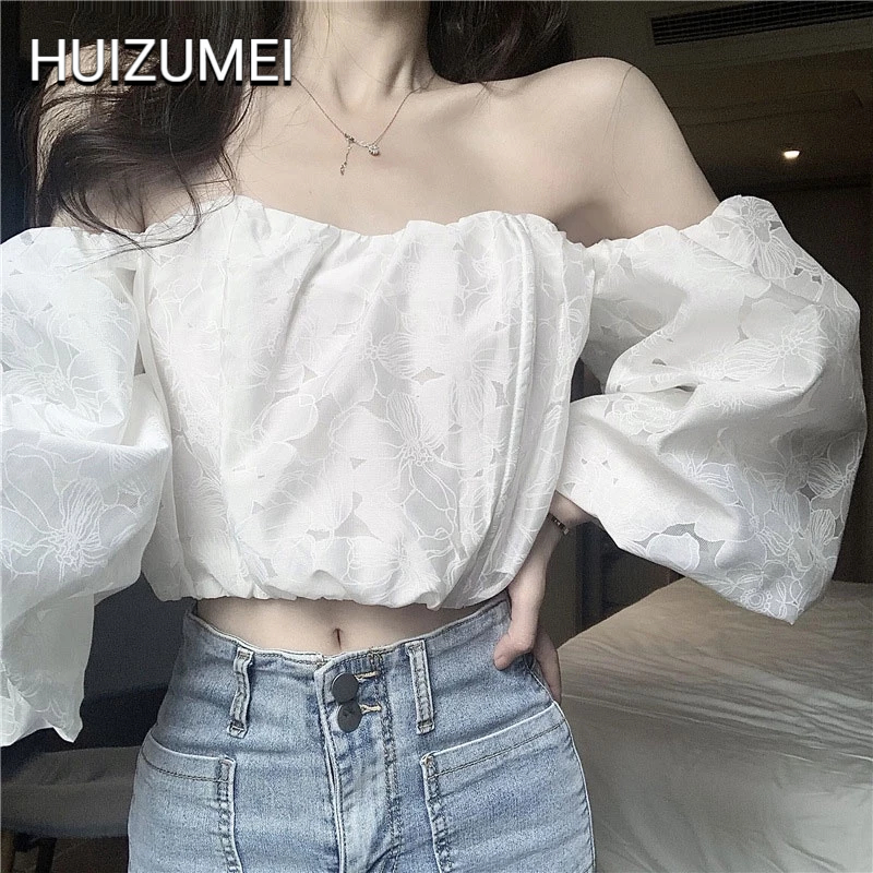 HUIZUMEI Áo Ống Ngắn Trễ Vai Tay Phồng Ngọt Ngào Quyến Rũ Thời Trang Mùa Hè Cho Nữ