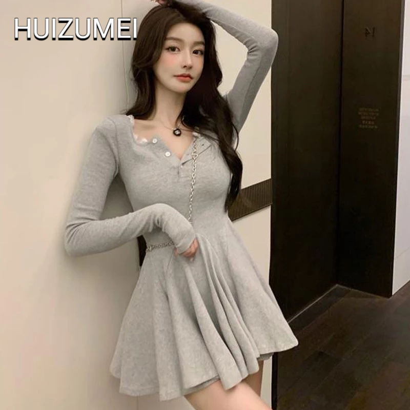 HUIZUMEI Đầm Đen Tay Dài Nhấn Eo Phong Cách Pháp Thời Trang Cho Nữ