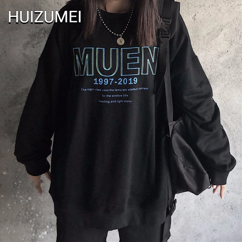 HUIZUMEI Áo Nỉ Cổ Tròn Cỡ Lớn In Chữ Phối Nhung Cá Tính Cho Nữ
