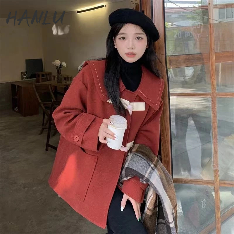 Áo khoác len HANLU cổ búp bê cài nút kiểu Hàn Quốc ngọt ngào cho nữ