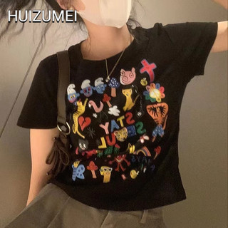 Huizumei áo thun ngắn tay in hoạt hình thời trang nữ gợi cảm