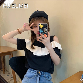 HUIZUMEI Áo Sơ Mi chiffon Trễ Vai Tay Ngắn Phối Bèo Màu Đen Kiểu Pháp Thời Trang Mùa Hè Cho Nữ