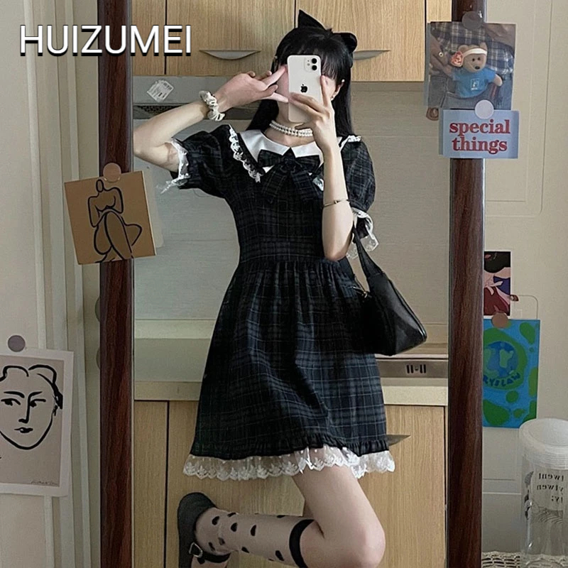 HUIZUMEI Đầm Ngắn Kẻ Sọc Caro Tay Phồng Trễ Vai Viền Ren Ngọt Ngào Phong Cách Vintage Nhật Bản Cho Nữ Sinh