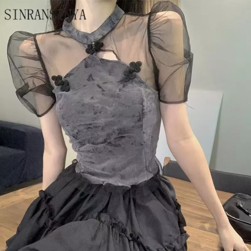 Áo thun SINRANSINYA tay ngắn phối lưới in họa tiết phong cách trung hoa thời trang cho nữ