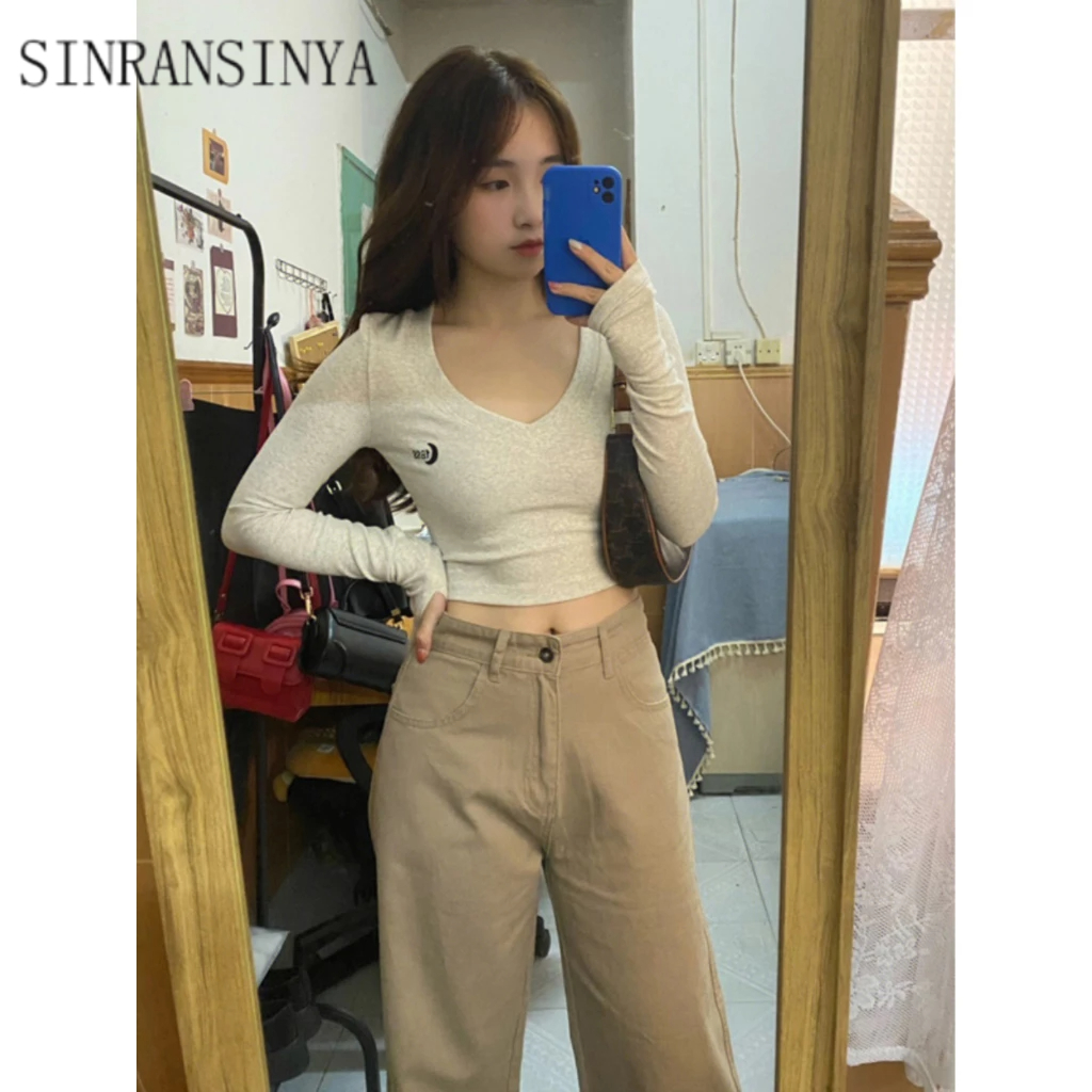 Áo thun nữ SINRANSINYA dáng ngắn tay dài cổ V thêu họa tiết phong cách Y2K Âu Mỹ