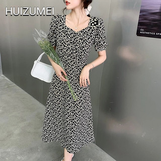 HUIZUMEI Đầm Hoa Tay Ngắn Phồng Cổ Vuông Hở Lưng Thời Trang Pháp