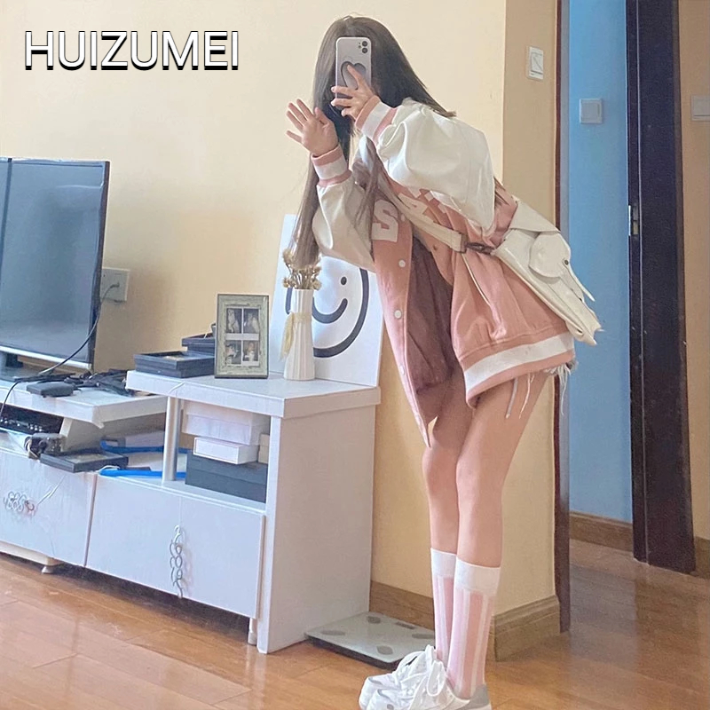 HUIZUMEI Áo Khoác Bóng Chày Phối Nhung Dày Màu Xanh Dương Klein vintage Cho Nữ