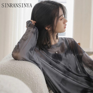 Áo thun nữ SINRANSINYA chống nắng vải lưới xuyên thấu tay dài dáng rộng nhuộm màu loang phong cách Hàn Quốc