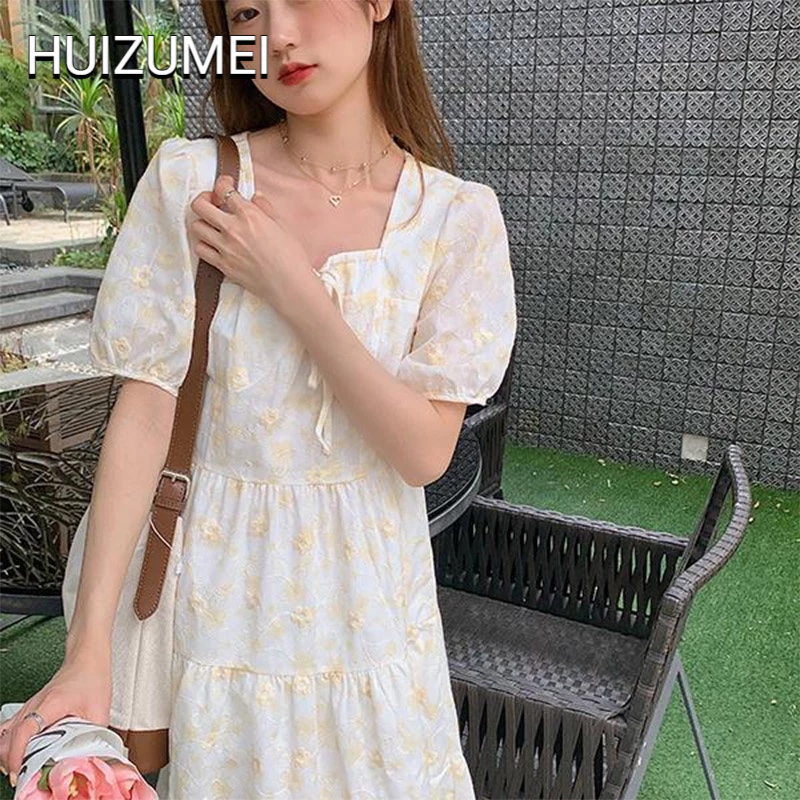 HUIZUMEI Váy Hoa Tay Phồng Ngọt Ngào Preppy