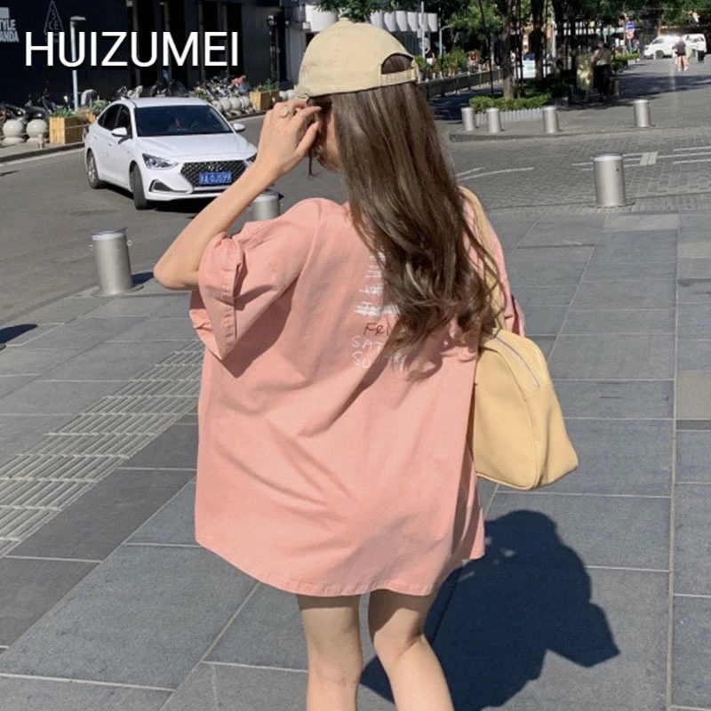 HUIZUMEI Áo Thun Tay Lửng Dáng Rộng In Hình Mặt Cười Thiết Kế Mới Cho Nữ Sinh