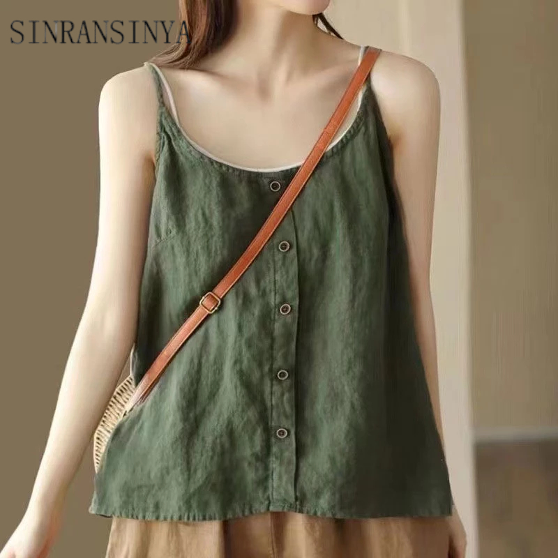 SINRANSINYA Áo Hai Dây Cổ Tròn Dáng Rộng Phong Cách Hàn Quốc Đơn Giản Cho Nữ