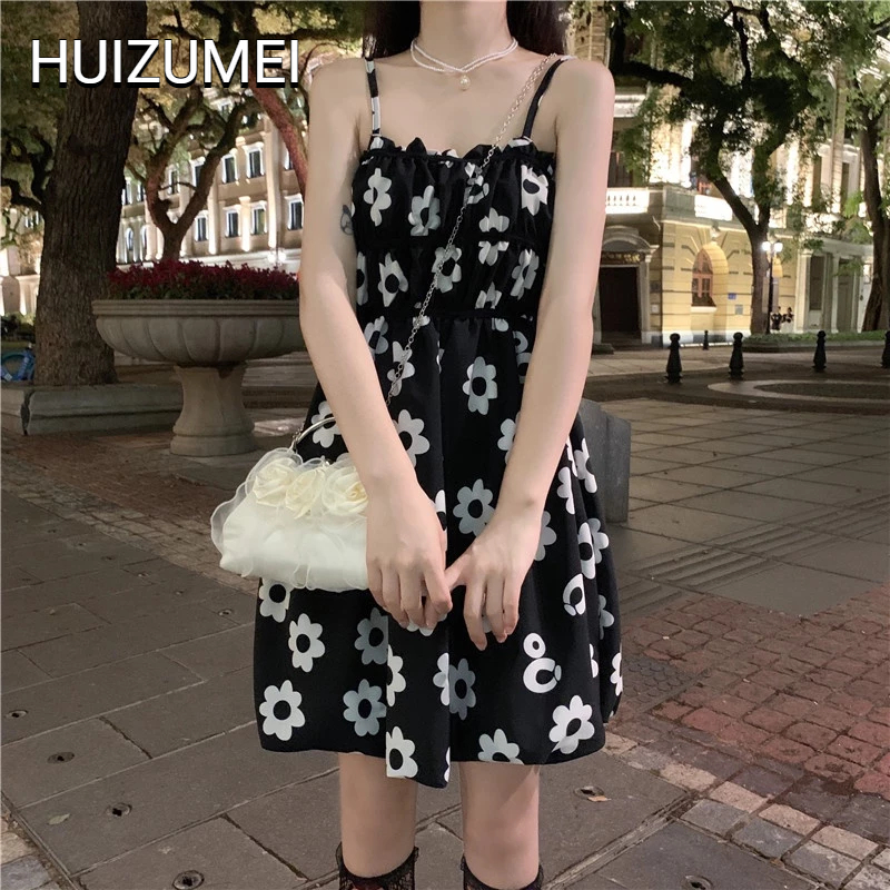 HUIZUMEI Đầm Ngắn Hai Dây Eo Cao Ôm Dáng In Hoa Thời Trang Cho Nữ