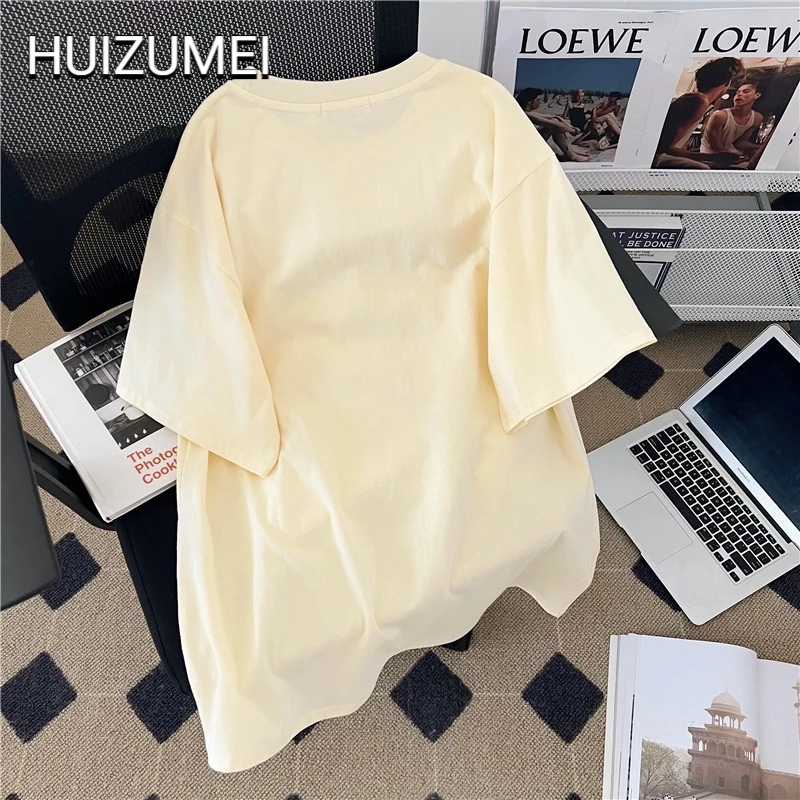 HUIZUMEI Áo Thun cotton Nguyên Chất Dáng Rộng Tay Ngắn In Hình Thỏ Dễ Thương Phong Cách retro Hong Kong Cho Nữ