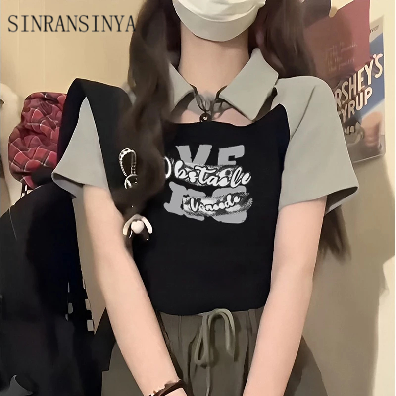 SINRANSINYA Áo polo Ngắn Tay Màu Tương Phản In Chữ Phong Cách retro Mỹ