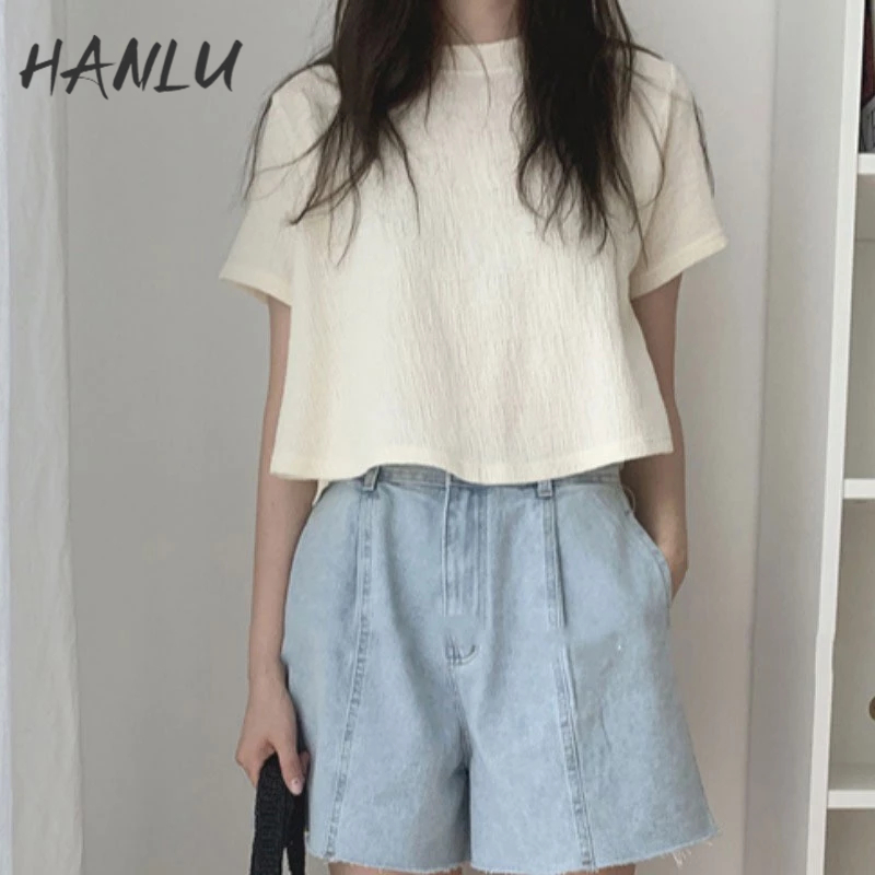 HANLU Áo Thun Lửng Tay Lửng Dáng Rộng Phong Cách Âu Mỹ Cho Nữ