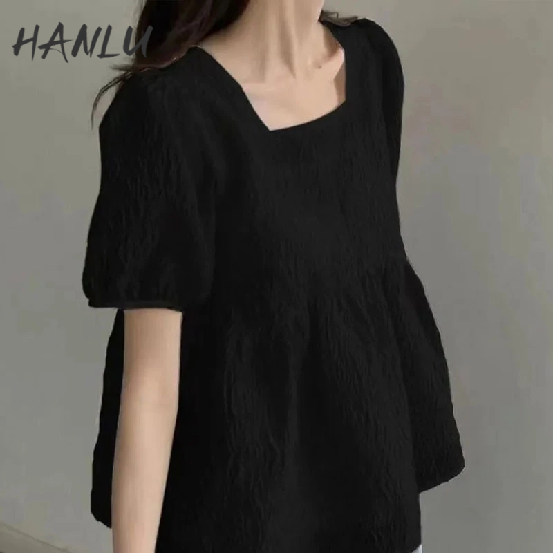 HANLU Áo Kiểu Tay Ngắn Phồng Cổ Vuông Dáng Rộng Thời Trang Xinh Xắn Cho Nữ