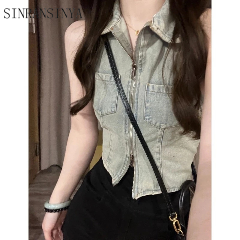 SINRANSINYA Hot girl top Áo Yếm denim Hai Dây Ngắn Phối Khóa Kéo Đôi Cá Tính Ngọt Ngào