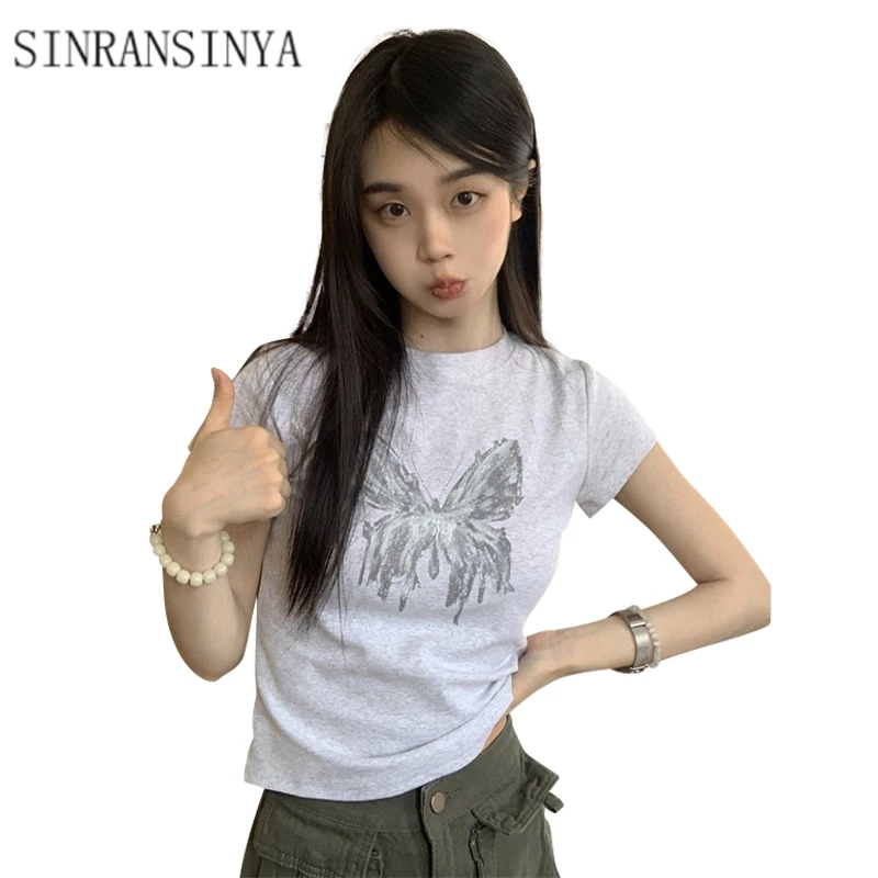 Áo thun SINRANSINYA tay ngắn hở vai in hình bướm phong cách cổ điển dành cho nữ
