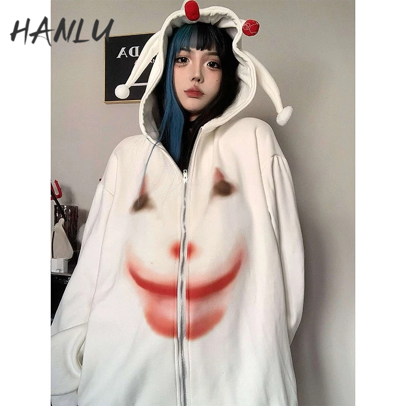 HANLU Áo Khoác Hoodie Dáng Rộng Có Khóa Kéo Phong Cách retro Mỹ Cho Nữ