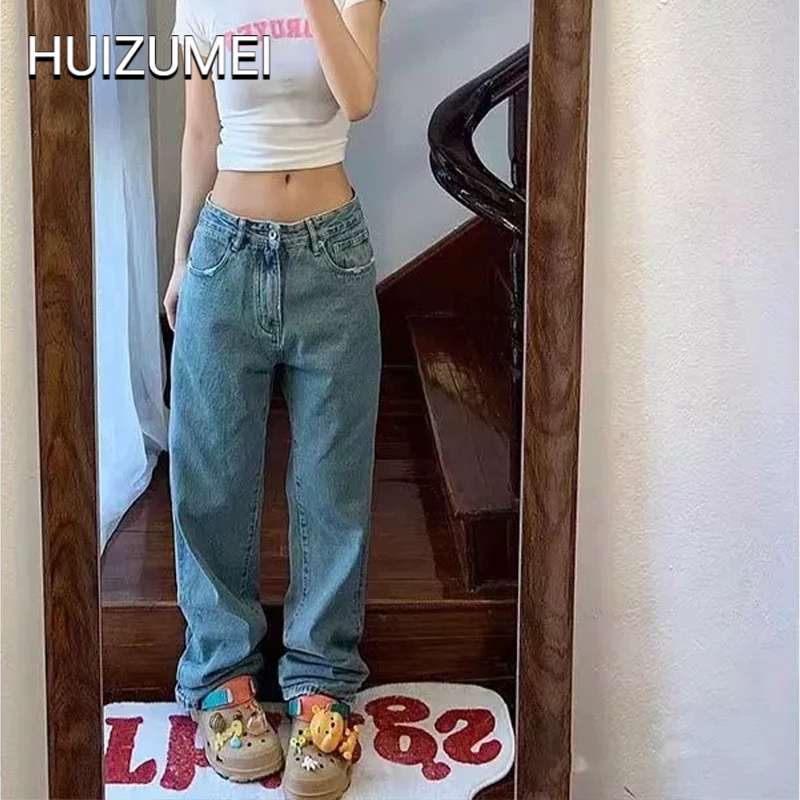 HUIZUMEI Quần denim Ống Rộng Thêu Hình Mèo Hello Kitty Phong Cách retro Mỹ Cho Nữ