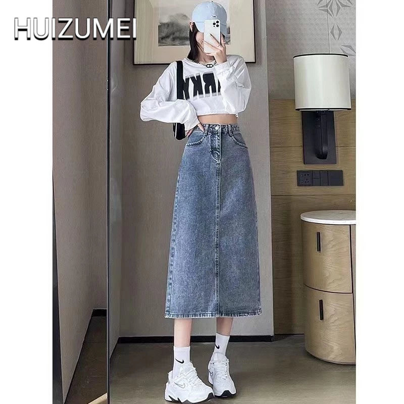 HUIZUMEI Chân váy jean Chữ A Lưng Cao Xẻ Tà Phong Cách Mới Cho Nam Và Nữ
