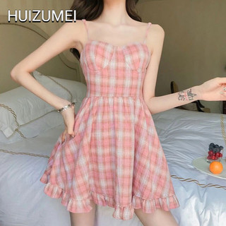 HUIZUMEI DRESS Đầm Nữ Màu Hồng Ca Rô Mới