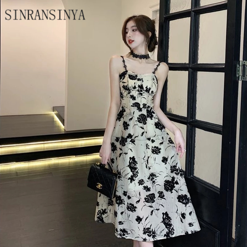 SINRANSINYA Đầm Hai Dây Họa Tiết Hoa Phong Cách Pháp Quyến Rũ
