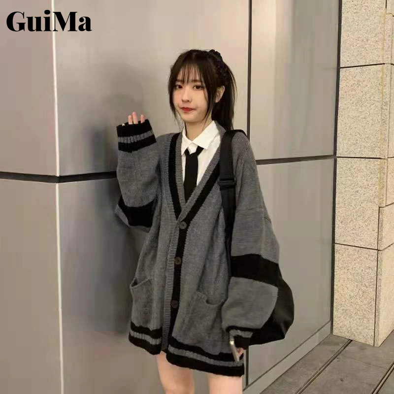 Gui Ma Áo Khoác cardigan Dệt Kim Dáng Rộng Phong Cách vintage Hàn Quốc Cho Nữ Sinh