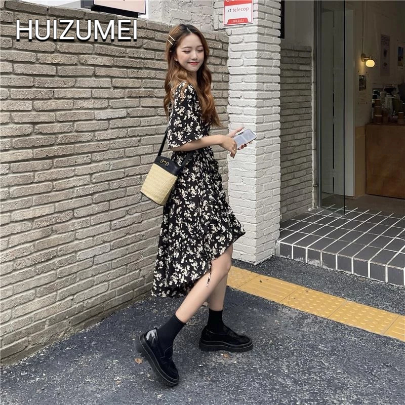 HUIZUMEI Đầm Tay Ngắn Dáng Lửng Họa Tiết Hoa Thời Trang Cho Nữ