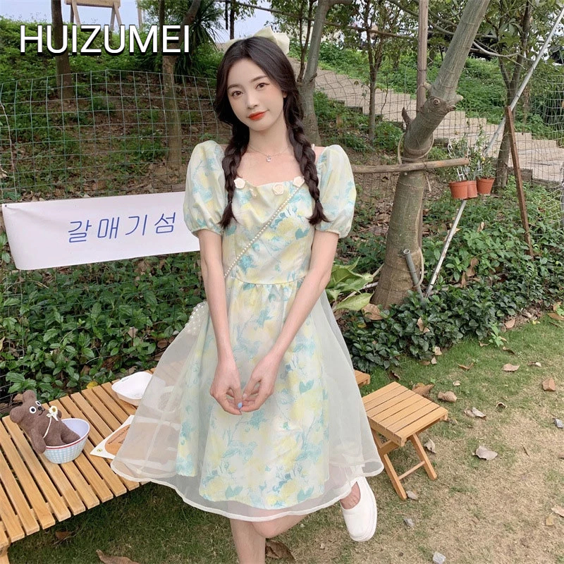 HUIZUMEI Đầm Ngắn Tay Phồng Cổ Vuông In Hoa Ngọt Ngào Thời Trang Xuân Hè Cho Nữ
