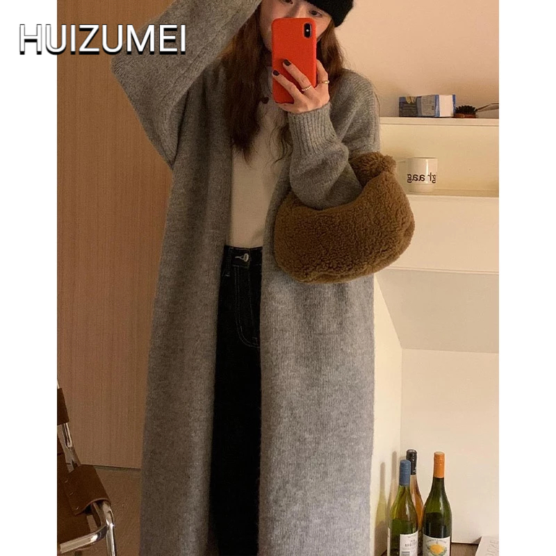 HUIZUMEI Áo Khoác cardigan Dệt Kim Dáng Rộng Dài Qua Gối Màu Xám Thời Trang Mới Cho Nữ