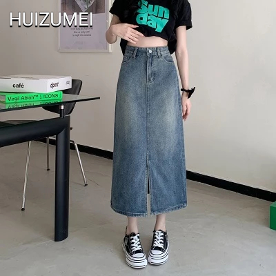 HUIZUMEI Chân váy jean Chữ A Lưng Cao Xẻ Tà Phong Cách Retro Thời Trang Cho Nữ