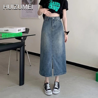 HUIZUMEI Chân váy jean Chữ A Lưng Cao Xẻ Tà Phong Cách Retro Thời Trang Cho Nữ
