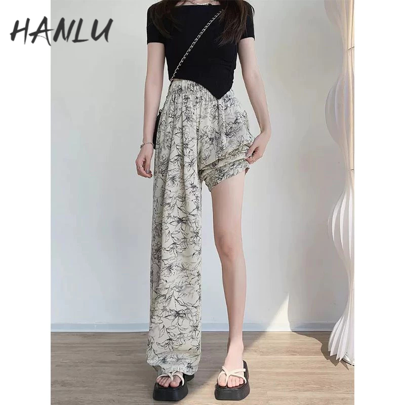 HANLU Quần ống rộng Lưng Cao Mỏng Nhẹ In Họa Tiết Hoa Có Túi Thời Trang Sang Trọng Cho Nữ
