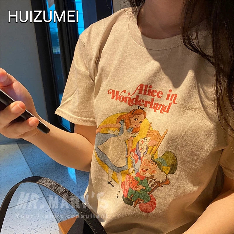 Áo thun HUIZUMEI dáng rộng in hoạt hình kiểu hồng kông retro đơn giản cho nữ