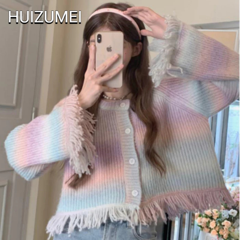 Áo khoác cardigan HUIZUMEI dệt kim họa tiết cầu vồng xinh xắn