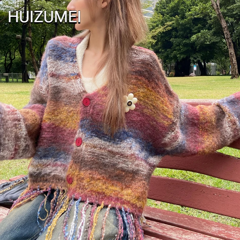 HUIZUMEI Áo Khoác cardigan Dệt Kim Cổ Chữ V Viền Tua Rua Sớm Mùa Xuân Độc Đáo Cho Nữ